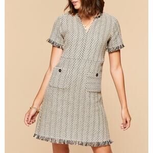 NWT Spartina 449 Women's Willette Tweed Dress Size 4 Beige Short Sleeve Fringe